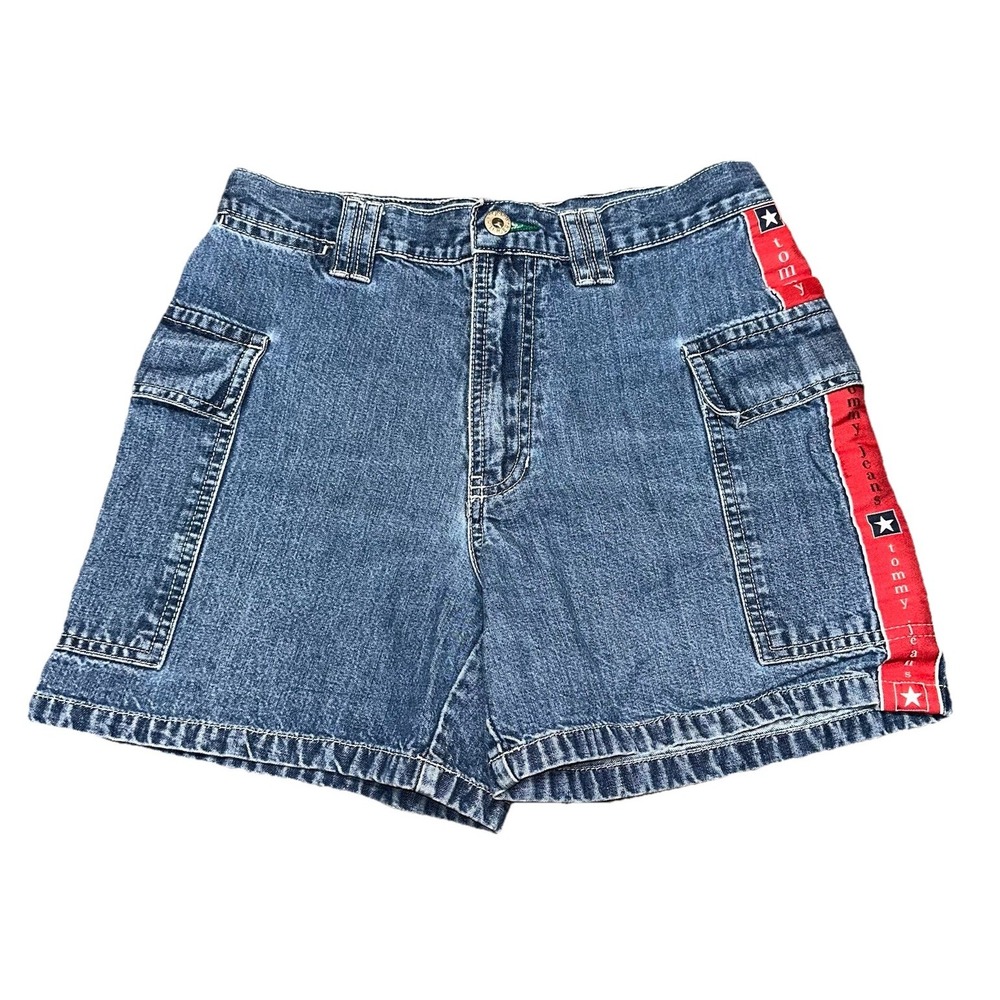 Vintage 90's Y2K‎ Tommy Jeans Blue Denim Cargo Shorts Mid Rise Logo Women's Jr 5